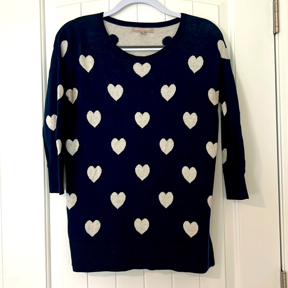 Banana Republic, Sz S, heart sweater, navy, and white, size, valentines day
